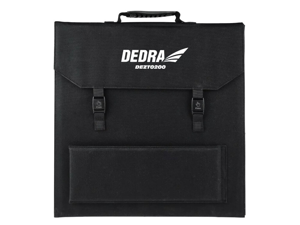 Panel solarny DEDRA DEZT0200 200W niewielki przenosny wymiary po zlozeniu 535 x 480 x 80 mm waga 7,7 kg po rozlozeniu dlugosc 2830 mm solidna konstrukcja stopien ochrony IP65 odpornosc na wode i pyl sklada sie z pieciu paneli monokrystalicznych