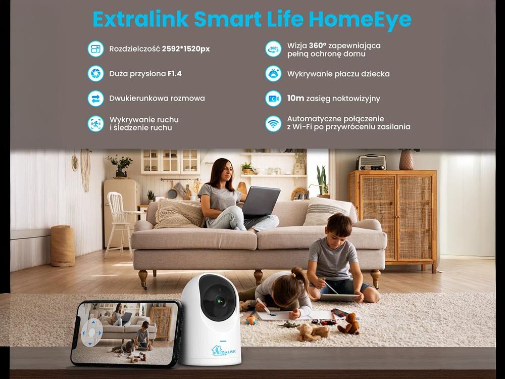 Kamera EXTRALINK Smart Life HomeEye EX.32992 Tuya Wewnętrzna, Wi-Fi, Dom pod pełną kontrolą, Zdjęcie przedstawia rodzinę w pokoju, dzieci bawiącie się na dywanie, a na 1 planie kamera wraz ze smartfonem