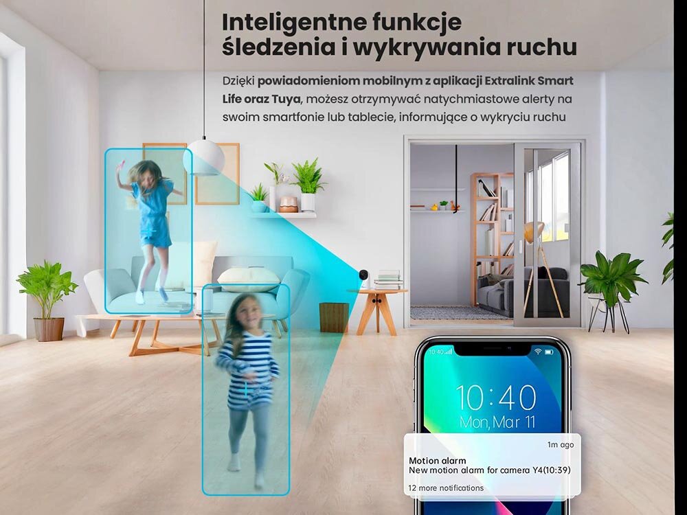 Kamera EXTRALINK Smart Life HomeEye EX.32992 Tuya Wewnętrzna, Wi-Fi, Jakość 2.5K na co dzień, Na zdjęciu kamera obserwująca i skanująca bawiące się dziecko w pokoju