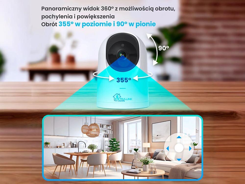 Kamera EXTRALINK Smart Life HomeEye EX.32992 Tuya Wewnętrzna, Wi-Fi, PTZ z funkcją auto-tracking'u, na zdjęciu kamera z przedstawieniem możliwości kątu obrotu i pola widzenia