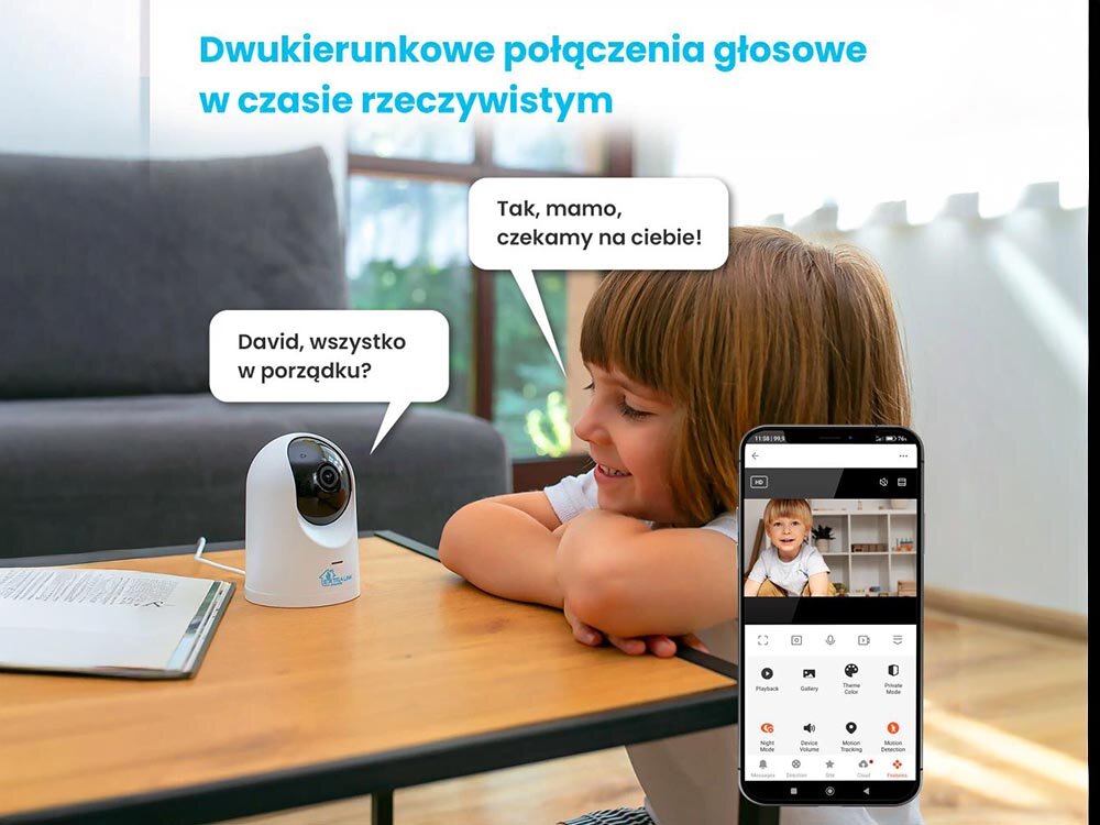 Kamera EXTRALINK Smart Life HomeEye EX.32992 Tuya Wewnętrzna, Wi-Fi, Zdalny podgląd przez Wi-Fi, Na zdjęciu dziecko oraz kamera przez którą rozmoawia rodzic z dzieckiem