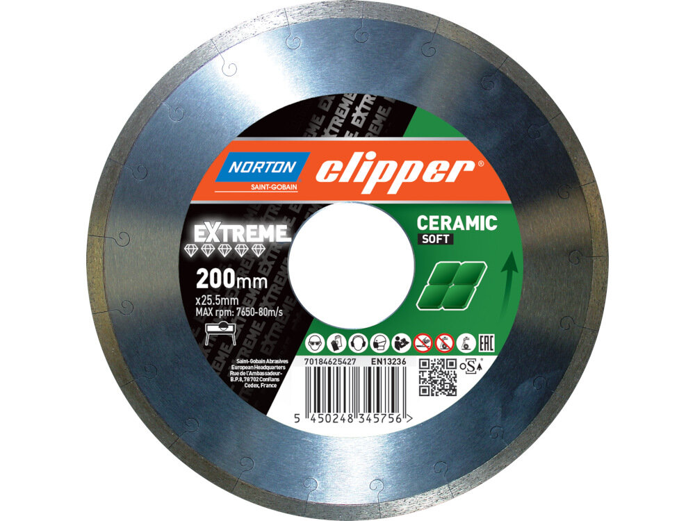 Tarcza do cięcia NORTON Clipper Extreme Ceramic Soft 701846 03234 200 mm tarcza tnąca do cięcia na mokro płytek szkliwionych płytek ceramicznych maksymalna prędkość obrotowa do 7650 obr/min pewne szybkie cięcie