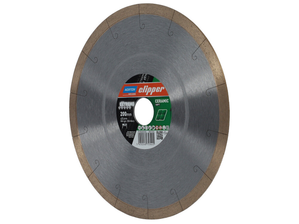 Tarcza do cięcia NORTON Clipper Extreme Ceramic Soft 701846 03234 200 mm ze stali z nasypem diamentowym obrzeże cięgłe średnica tarczy 200 mm średnica otworu 25,4 mm cienkie wręby wycinane laserowo chłodzenie tarczy bardziej płynne cięcie