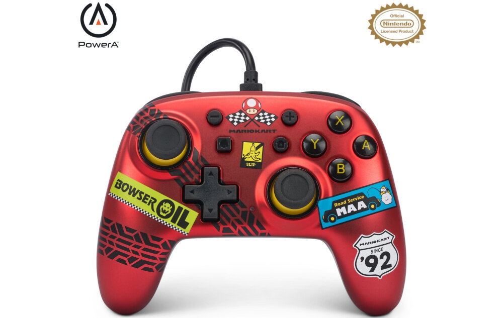 Kontroler POWERA Nano Mario Kart Racer Red konsola pc komputer smartfon android sterowanie kompatybilność przyciski gałki analogi łączność bateria zasilanie spusty panel obudowa waga zasięg