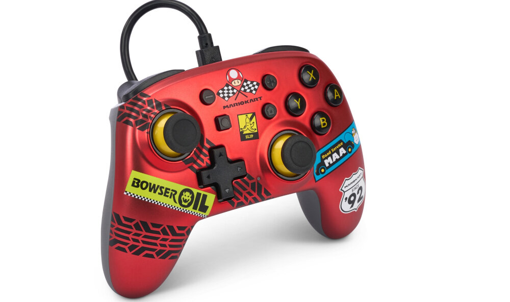 Kontroler POWERA Nano Mario Kart Racer Red konsola pc komputer smartfon android sterowanie kompatybilność przyciski gałki analogi łączność bateria zasilanie spusty panel obudowa waga zasięg
