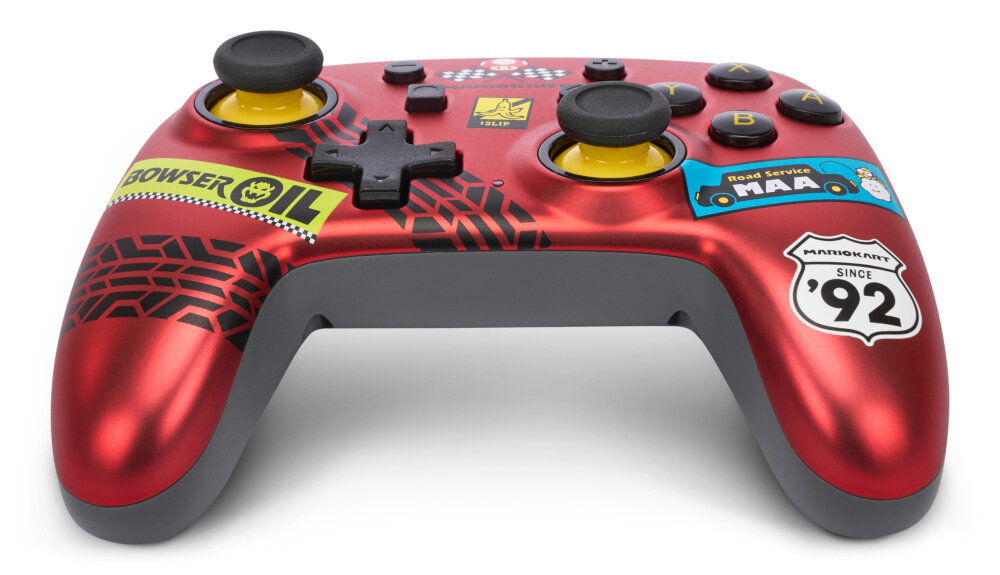 Kontroler POWERA Nano Mario Kart Racer Red konsola pc komputer smartfon android sterowanie kompatybilność przyciski gałki analogi łączność bateria zasilanie spusty panel obudowa waga zasięg