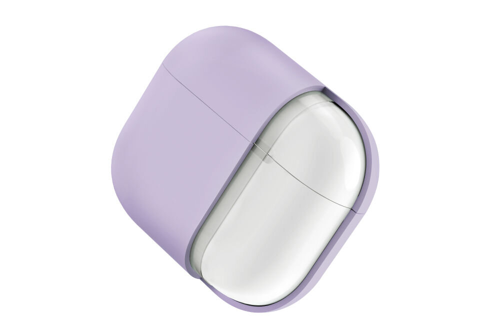 Etui na słuchawki w kolorze lawendowym, dopasowane do kształtu Apple AirPods Pro 2, z widoczną białą częścią wewnętrzną.
