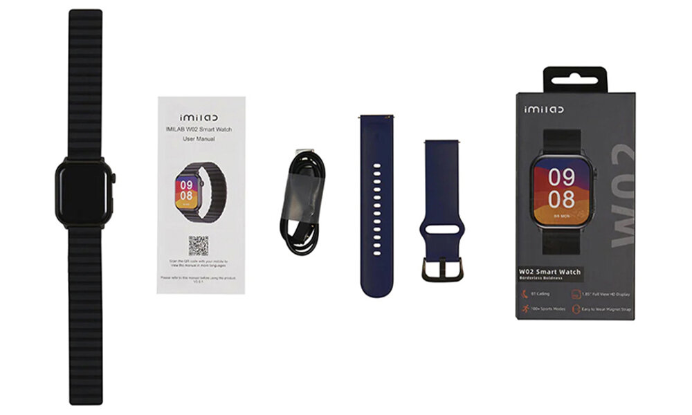 Smartwatch IMILAB W02 ekran bateria czujniki zdrowie sport pasek ładowanie pojemność rozdzielczość łączność sterowanie krew puls rozmowy smartfon aplikacja