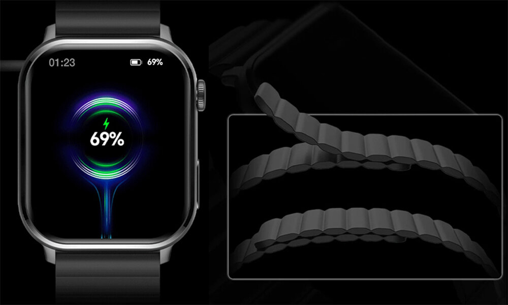 Smartwatch IMILAB W02 ekran bateria czujniki zdrowie sport pasek ładowanie pojemność rozdzielczość łączność sterowanie krew puls rozmowy smartfon aplikacja