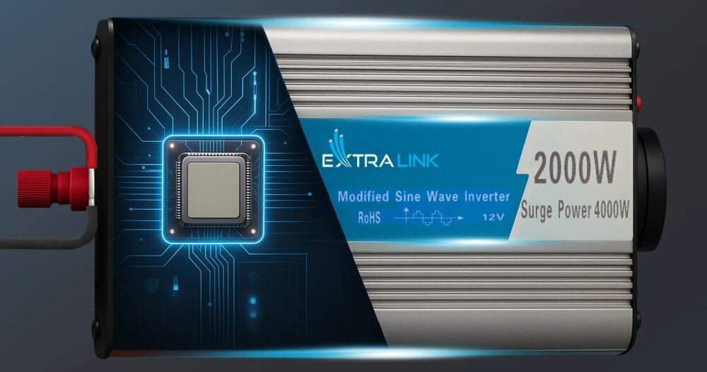 Przetwornica EXTRALINK 12V na 230 2000W 4000W modyfikowana sinusoida zasilanie urządzeń, przetwornica od góry na ciemnym tle