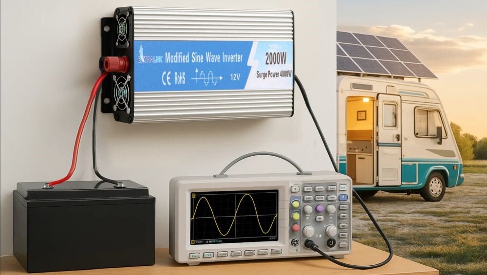 Przetwornica EXTRALINK 12V na 230 2000W 4000W modyfikowana sinusoida rodzaj fali, przetwornica zamontowana na ścianie