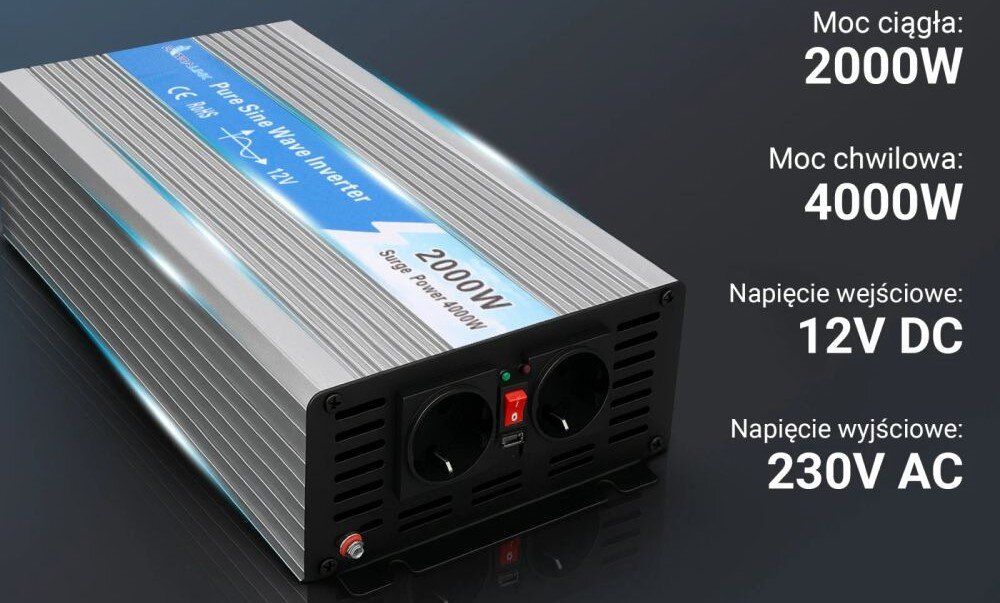 Przetwornica EXTRALINK 12V na 230 2000W/4000W czysty sinus zastosowanie, przetwornica po skosie na ciemnym tle