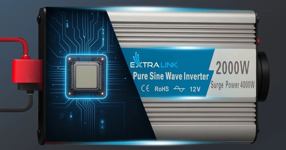 Przetwornica EXTRALINK 12V na 230 2000W/4000W czysty sinus konwersja prądu, przetwornica od góry na ciemnym tle