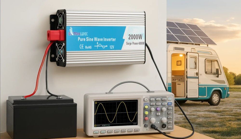 Przetwornica EXTRALINK 12V na 230 2000W/4000W czysta sinusoida działanie, przetwornica zawieszona na ścianie