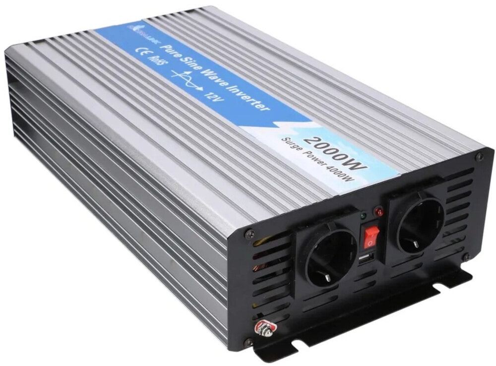 Przetwornica EXTRALINK 12V na 230 2000W/4000W zalety czystej sinusoidy, przetwornica po skosie na białym tle