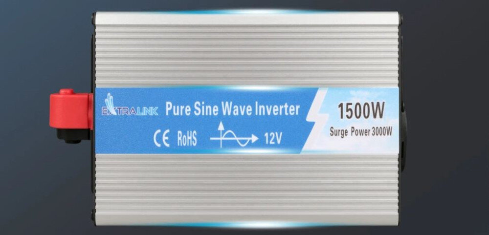 Przetwornica EXTRALINK 12V na 230 1500W/3000W zastosowania kamper, łódź, działka, zasilanie awaryjne, przetwornica od góry na ciemnym tle