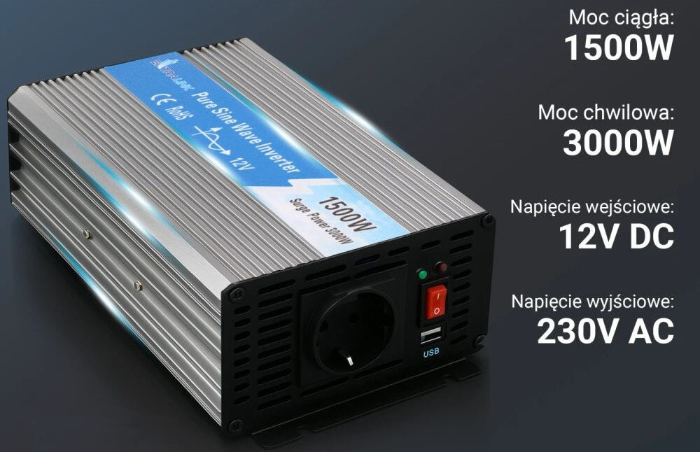 Przetwornica EXTRALINK 12V na 230 1500W/3000W przetwornica modyfikowana sinusoida do telewizora, lodówki i laptopa, przetwornica po skosie na ciemnym tle