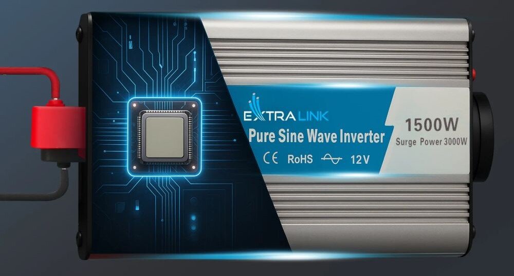Przetwornica EXTRALINK 12V na 230 1500W/3000W falownik modyfikowana sinusoida do kampera i działki, zasilanie off-grid, przetwornica od góry na ciemnym tle