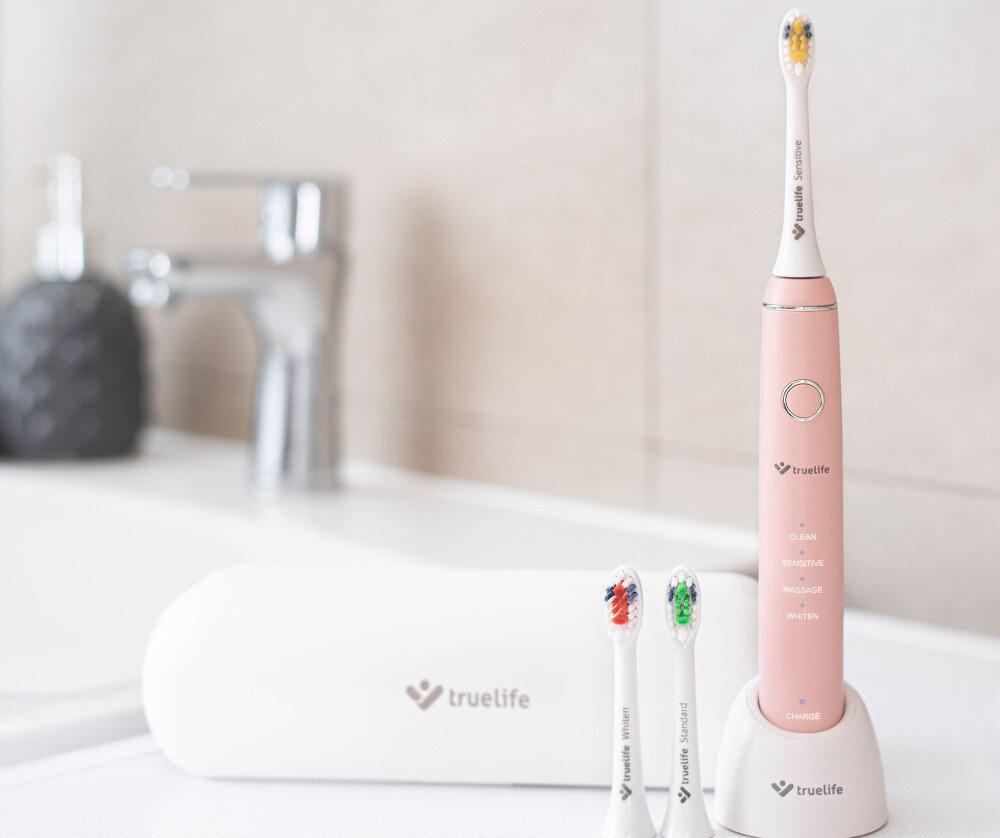 Szczoteczka soniczna TRUELIFE SonicBrush Compact Duo Różowy Komfort także poza domem etui podróżne wymiary rozmiar 30-dniowy czas pracy na jednym ładowaniu wodoodporna konstrukcja IPX7