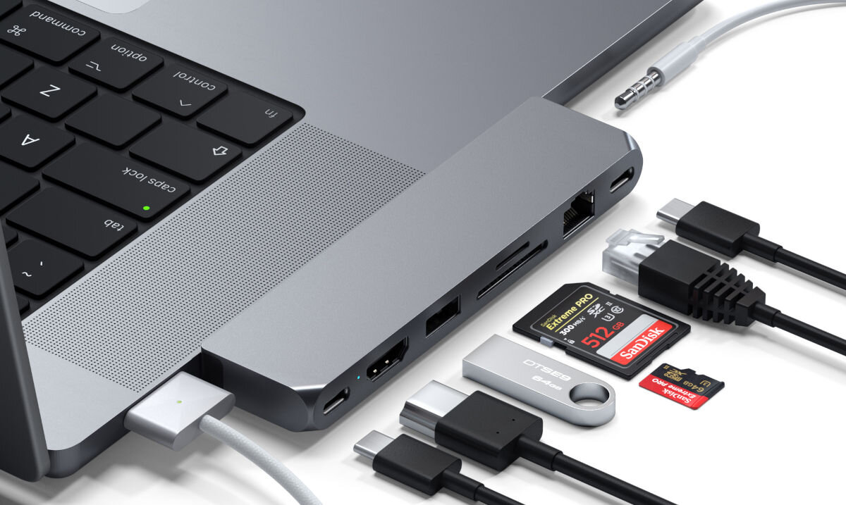 Hub SATECHI Pro Max Szary HDMI 4K USB-C PD do 96 W czystnik kart microSD SD wejście słuchawkowe jack 3,5 mm USB-A transfer danych do 10 Gb/s