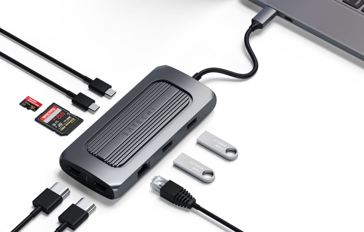 Hub SATECHI ST-UCMXAM Szary ładowanie transfer danych USB-A USB-C HDMI audio jack 3,5 mm Gigabit Ethernet szybkie ładowanie do 100 W