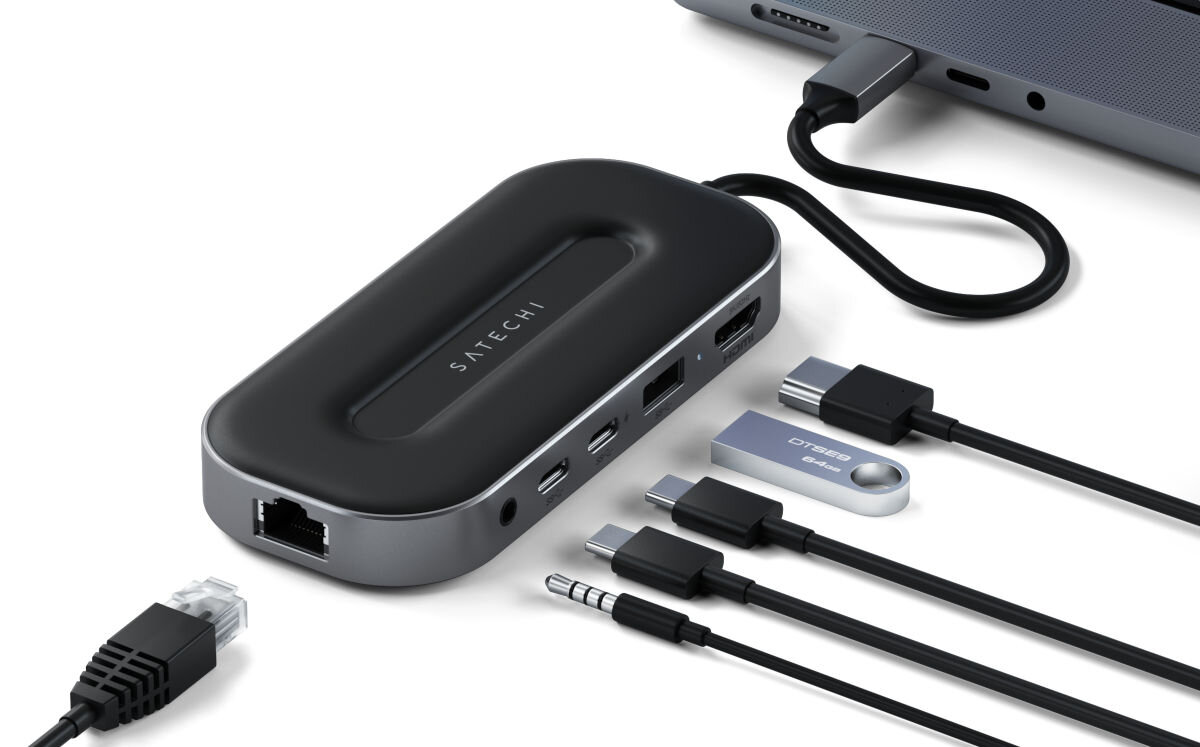 Hub SATECHI ST-U4MGEM Szary HDMI 2.1 USB-C PD ładowanie do 100 W USB-A USB-C wejście słuchawkowe 3,5 mm jack ethernet 2,5 Gigabit