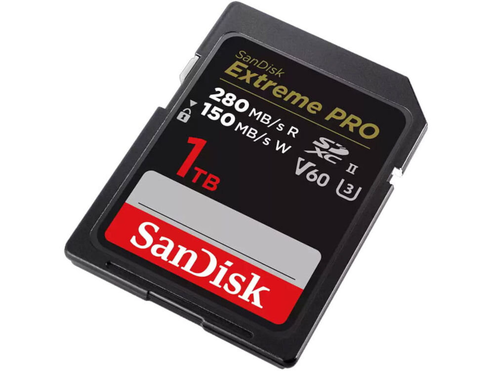 Karta pamięci SANDISK Extreme Pro SDXC 1TB prezentacja karty na białym tle pod kątem karta 6K V60 dla profesjonalistów minimalna prędkość zapisu 60 MB/s 4K UHD Full HD stała jakość
