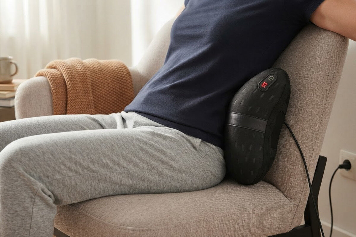 Osoba siedzi na fotelu, używając poduszki masującej umieszczonej za plecami. Poduszka jest czarna, z widocznym panelem sterowania i podłączonym kablem zasilającym.