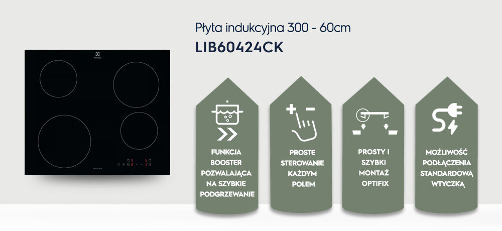 Obraz przedstawia płytę indukcyjną z czterema polami grzewczymi oraz tekst: \'Płyta indukcyjna 300 - 60cm LIB60424CK\'. Obok znajdują się ikony z opisami funkcji: \'Funkcja booster pozwalająca na szybkie podgrzewanie\', \'Proste sterowanie każdym polem\', \'Prosty i szybki montaż OptiFix\', \'Możliwość podłączenia standardową wtyczką\'.