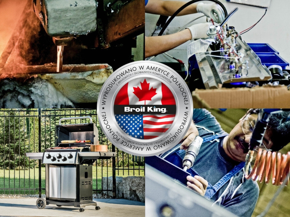 Grill gazowy BROIL KING Signet 390 kolaż zdjęć pośrodku logo zdjęcia pokazujące montaż grilla i samego grilla jakość pasja produkowany w fabrykach w USA i Kanadzie trwałość wygoda i komfort działania