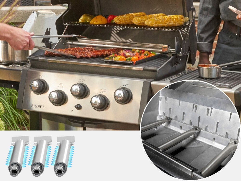 Grill gazowy BROIL KING Signet 390 zbliżenie na grilla otwarta pokrywa potrawy na grillu zdjęcia aromatyzerów i palników elegancki design funkcjonalność solidna konstrukcja ze stali szlachetnej odporność i wytrzymałość rozwiązania technologiczne
