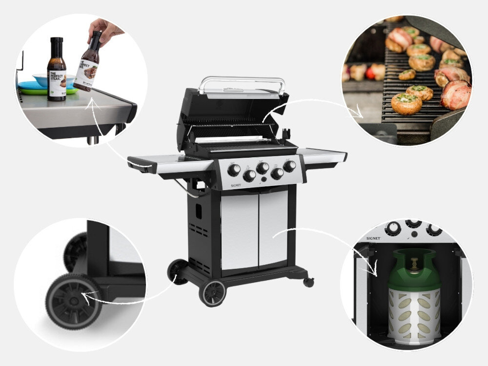 Grill gazowy BROIL KING Signet 390 grill na środku zdjęcia wkoło 4 zdjęcia w kółkach pokazujące funkcjonalność grilla przemyślana konstrukcja obszerne półki boczne haczyki szafka na butlę gazową zmieści 11-kilogramową butlę z kołnierzem i bez niego duże 18-centymetrowe koła transportowe obrotowe kółka z blokadą 7,6 cm górna półka wymiary 26 x 60 cm