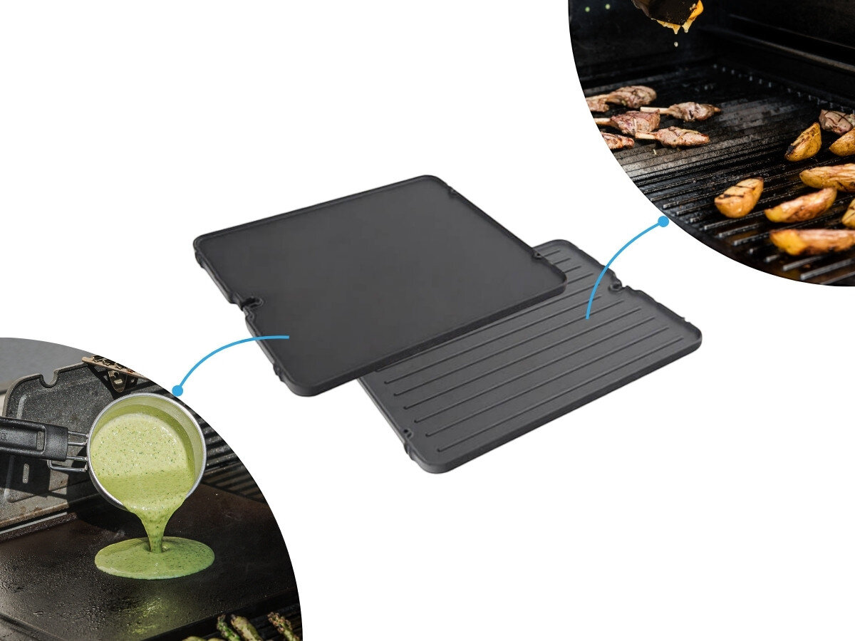 Płyta do grilla żeliwna BROIL KING GEM PORTA-CHEF 11237 33.5 x 26.5 cm, grill, płyta żeliwna, dwustronna, Broil King, Dwustronna żeliwna płyta do grilla z gładką i ryflowaną stroną, pokazana w użyciu do smażenia sosu oraz grillowania ziemniaków.