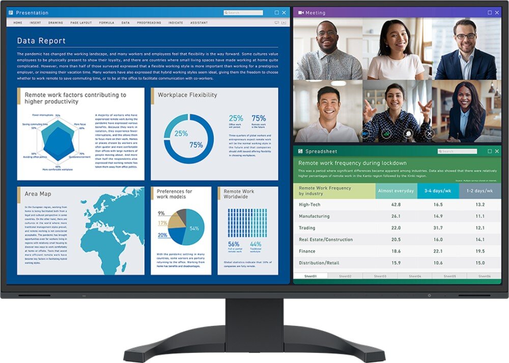 Monitor EIZO FlexScan EV2740X-BK Widok monitora wyświetlającego podzielony ekran z dokumentem, wykresami i wideokonferencją. Całość ujęta centralnie, z białą podstawą widoczną u dołu, czas reakcji, płynność
