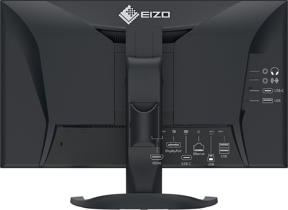 Monitor EIZO FlexScan EV2740X-WT Tylny panel monitora z zaznaczonymi portami: HDMI, DisplayPort, USB-C, Ethernet, USB oraz symbolami przedstawiającymi funkcje gniazd. Widoczna również stopa podstawy, porty, gniazda