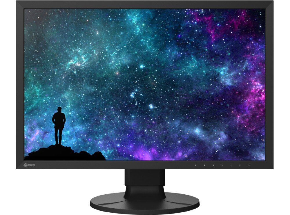 Monitor EIZO ColorEdge CS2400R Monitor na białym tle wyświetlający abstrakcyjną, kolorową grafikę w odcieniach różu, fioletu, żółci i błękitu. Przednia część monitora z widocznymi przyciskami sterującymi, przeznaczenie, kolory, barwy