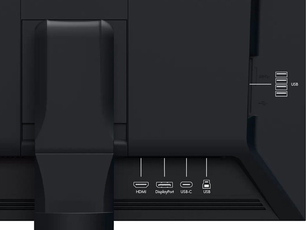 Monitor EIZO ColorEdge CS2400R Tylny panel monitora z widocznymi portami HDMI, DisplayPort, USB-C i USB oraz zaznaczonymi portami USB z boku, porty, gniazda, podłączenie