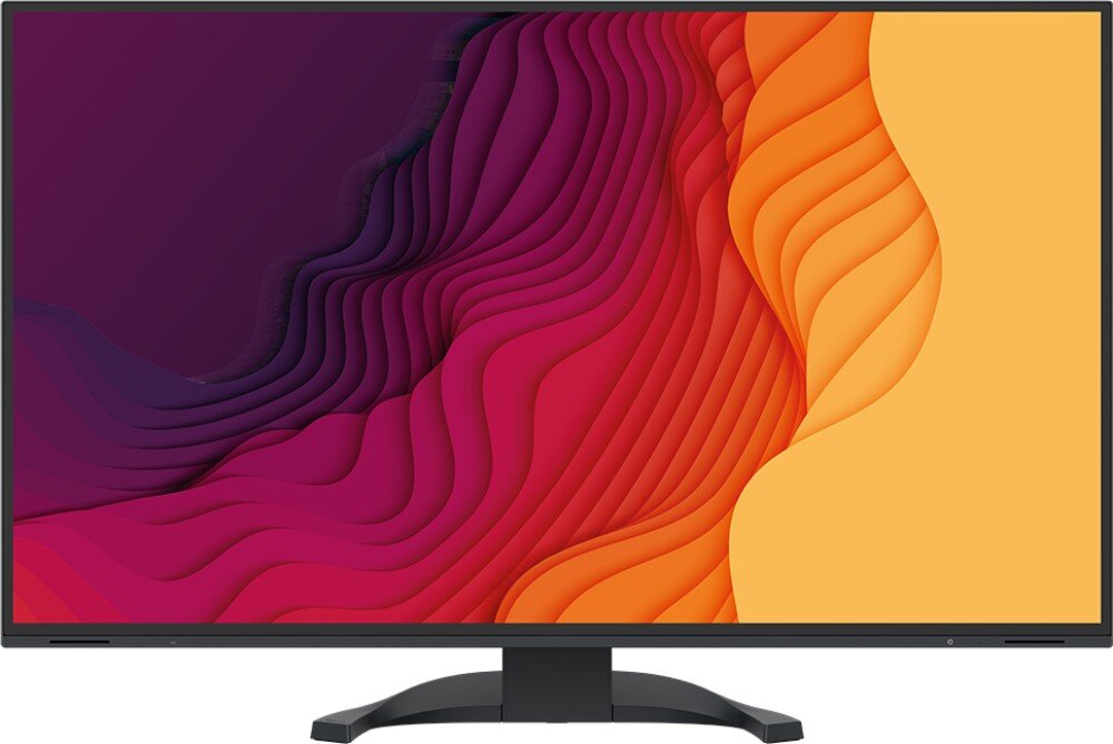 Monitor EIZO FlexScan EV3240X-BK Przód monitora wyświetlającego kolorową grafikę o abstrakcyjnych falistych kształtach w odcieniach pomarańczu, czerwieni i fioletu, opis