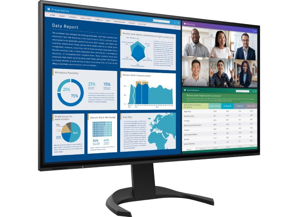 Monitor EIZO FlexScan EV3240X-BK Monitor na czarnej podstawie, ustawiony lekko bokiem. Wyświetlane są trzy różne aplikacje: raport zawierający wykresy, wideokonferencja z sześcioma uczestnikami oraz arkusz kalkulacyjny, wygląd, styl, ramka
