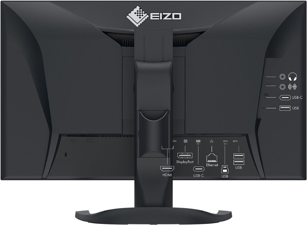 Monitor EIZO FlexScan EV3240X-BK Tylna część monitora z widocznymi portami: HDMI, DisplayPort, Ethernet, USB-C oraz USB typu A, porty, podłączenie