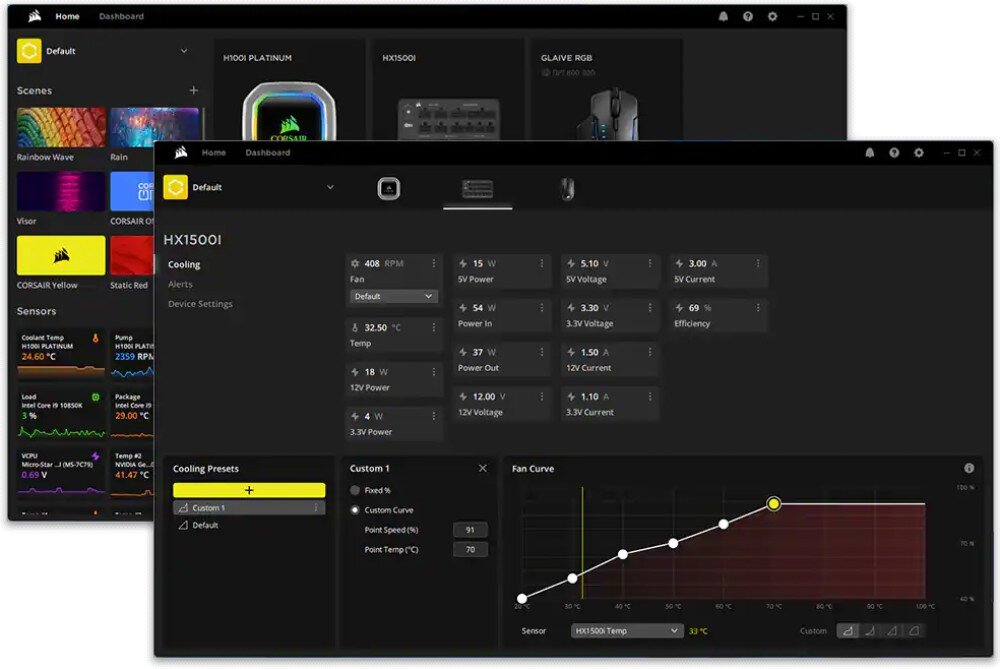Zasilacz CORSAIR HX1000i Zrzut ekranu oprogramowania pokazującego interfejs monitorowania parametrów pracy zasilacza z wykresem prędkości wentylatora i danymi o napięciach oraz temperaturze