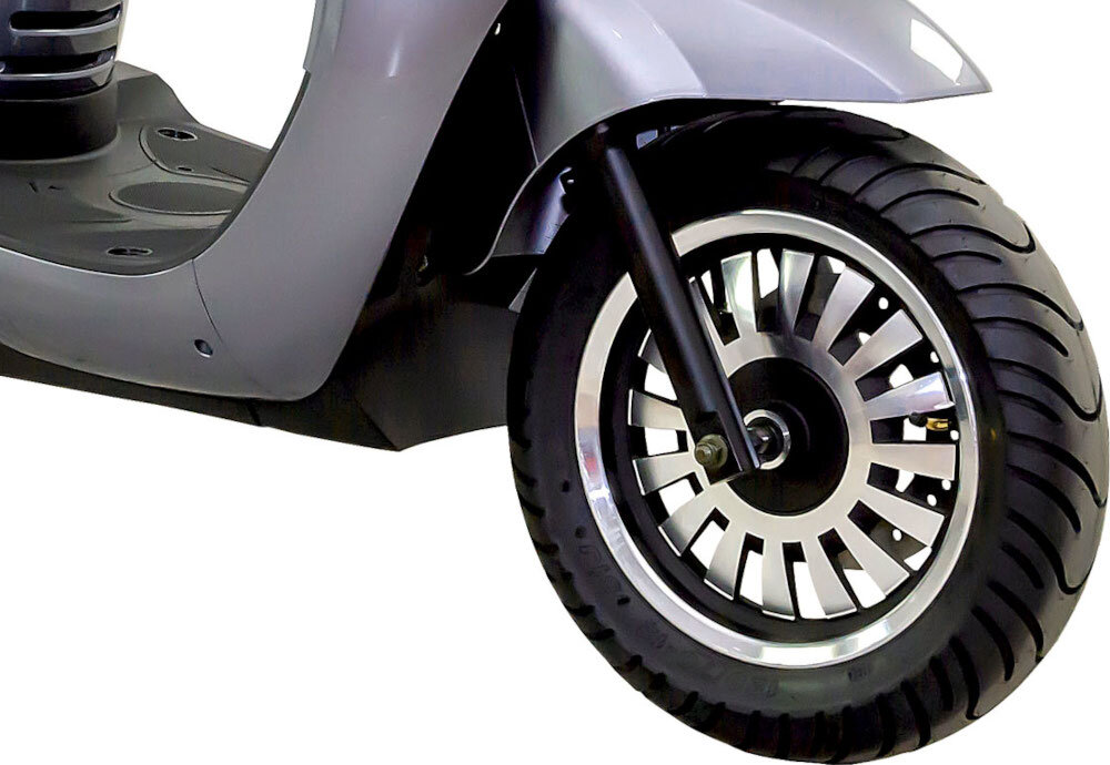 Skuter elektryczny E-MIO Toro+V+ Srebrny koła 12-calowe bezdętkowe dwa przełożenia do przodu do tyłu