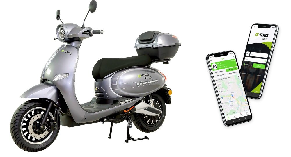 Skuter elektryczny E-MIO Toro+ Srebrny asystent pojazdu aplikacja mobilna zestaw alarmowy