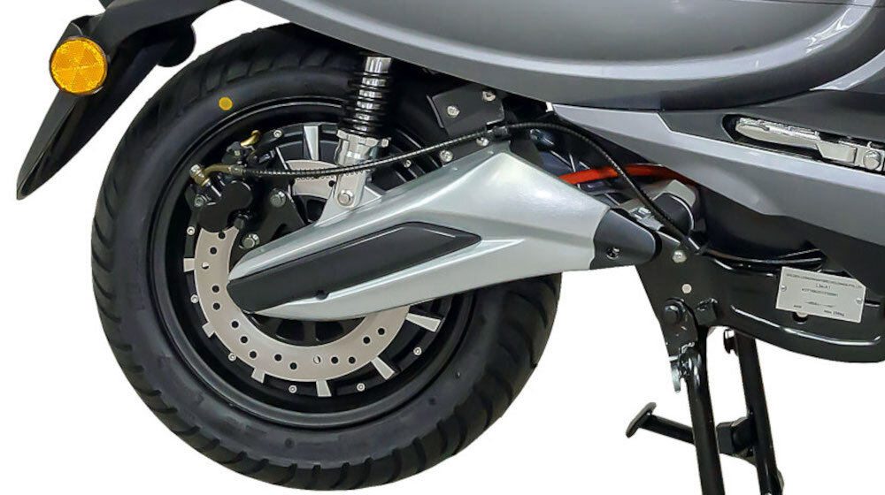 Skuter elektryczny E-MIO Toro+ Srebrny hamulce tarczowe alarm przeciwkradzieżowy z blokadą tylnego koła
