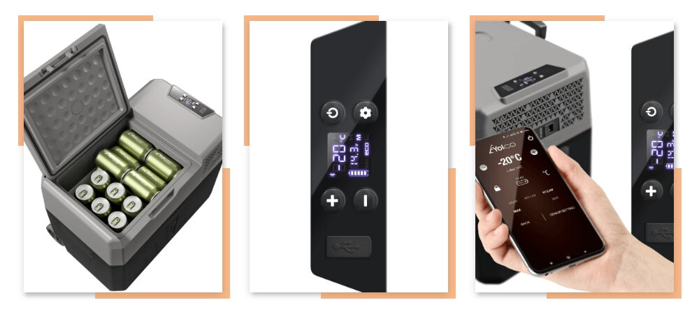 Lodowka YOLCO BCX40 Szary Panel sterowania z czytelnym ekranem nadajnik Bluetooth 5.0 aplikacja Yolco zalety polkrywa antyposlizgowa
