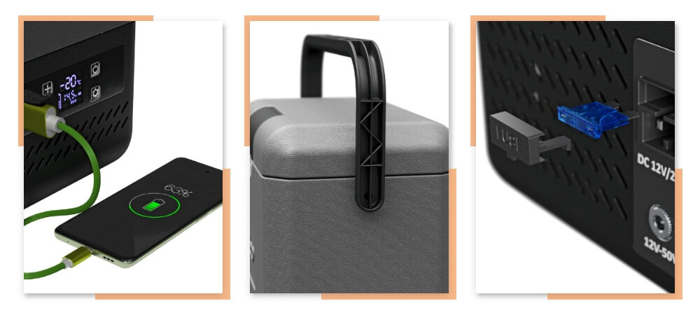 Lodowka YOLCO ET8 Carbon funkcje wbudowane gniazdro USB-C Ergonomiczny uchwyt wielopoziomowe zabezpieczenie