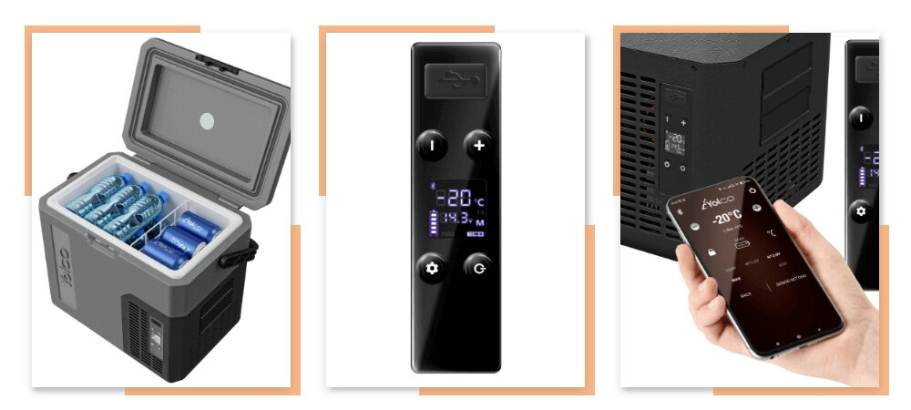 Lodowka YOLCO ET18 Carbon Panel sterowania z czytelnym ekranem nadajnik Bluetooth 5.0 aplikacja Yolco zalety polkrywa antyposlizgowa
