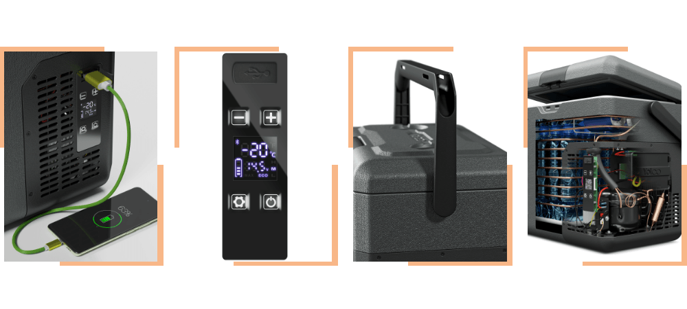 PRZENOŚNA LODÓWKA KOMPRESOROWA YOLCO ET18 CARBON Zestaw grafik pokazuje ładowanie przez USB, panel sterowania z temperaturą, składany uchwyt oraz przekrój układu chłodzenia. Każdy element prezentuje inną funkcję urządzenia port USB panel sterowania łatwa obsługa lodówka mobilna uchwyt transportowy