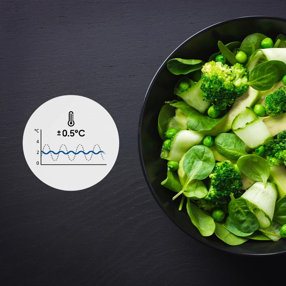 Zdjęcie zielonych warzyw wyglądających na świeże dzięki przechowywaniu ich w lodówce ze zminimalizowanymi wahaniami temperatury