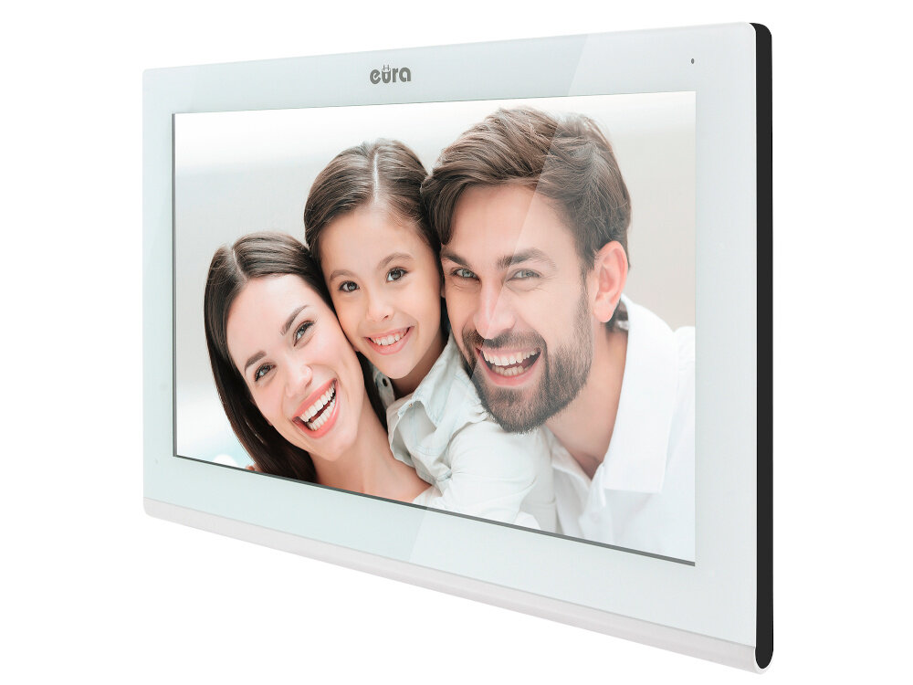 Wideodomofon EURA VDP-82C5 Biały monitor EURA VDA-08C5 ekran dotykowy przekatna 7 cali rozdzielczosc 1024 x 600 dpi wyrazny szczegolowy obraz technologia AHD funkcja rejestrowania filmow i zdjec na karcie microSD o pojemnosci do 128 GB